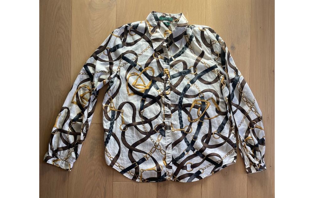 Ralph Lauren Belting Print Horse Cotton Balloon Sleeve Blouse XL